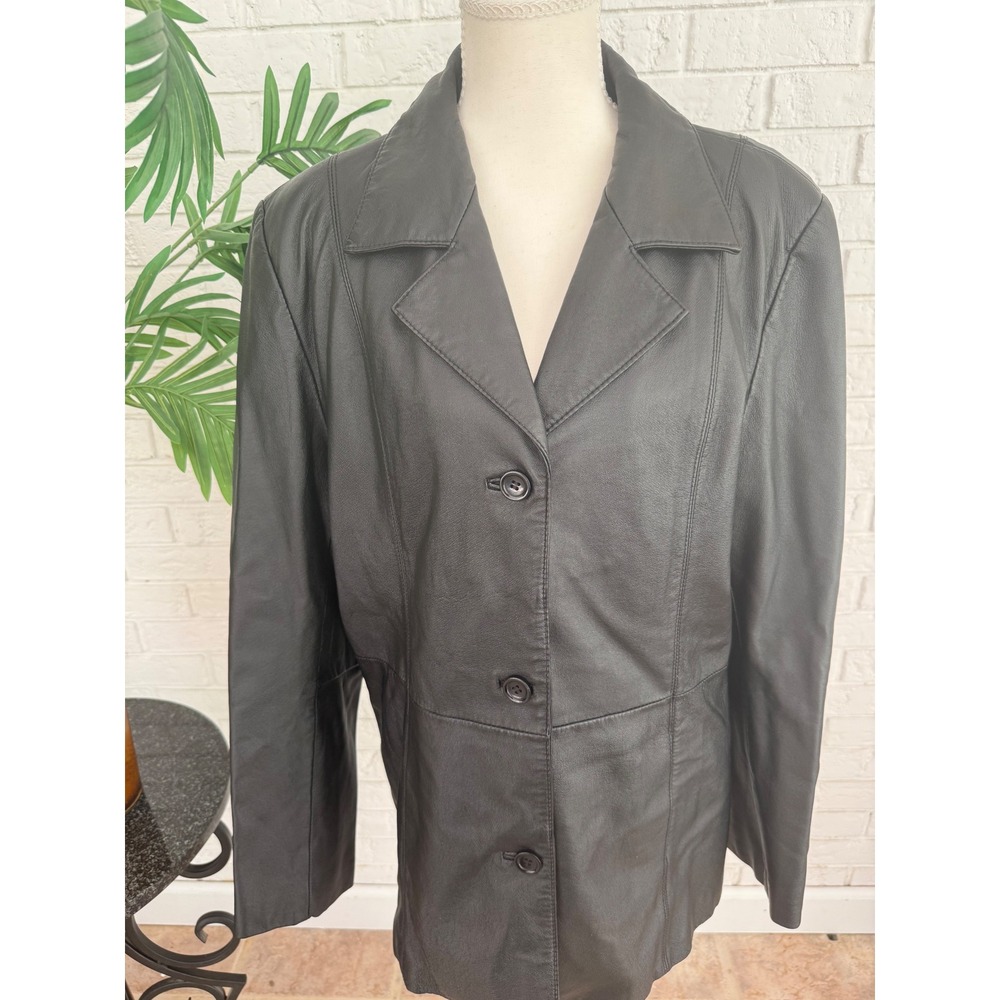 Dialogue Leather Jacket Women Large Black Excellent 3-Button Notched Lapel Coat